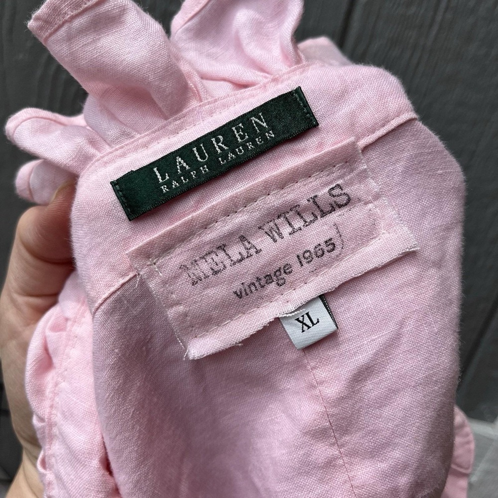 Upcycled Re-worked Lauren Ralph Lauren Shell Pink Linen Ruffle Collar Shirt XL - Picture 6 of 9